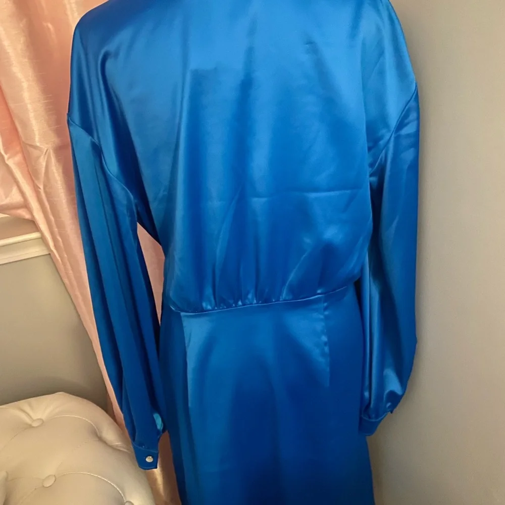 NWT Blue Satin Dress with silver metallic trim - Picture 3 of 7